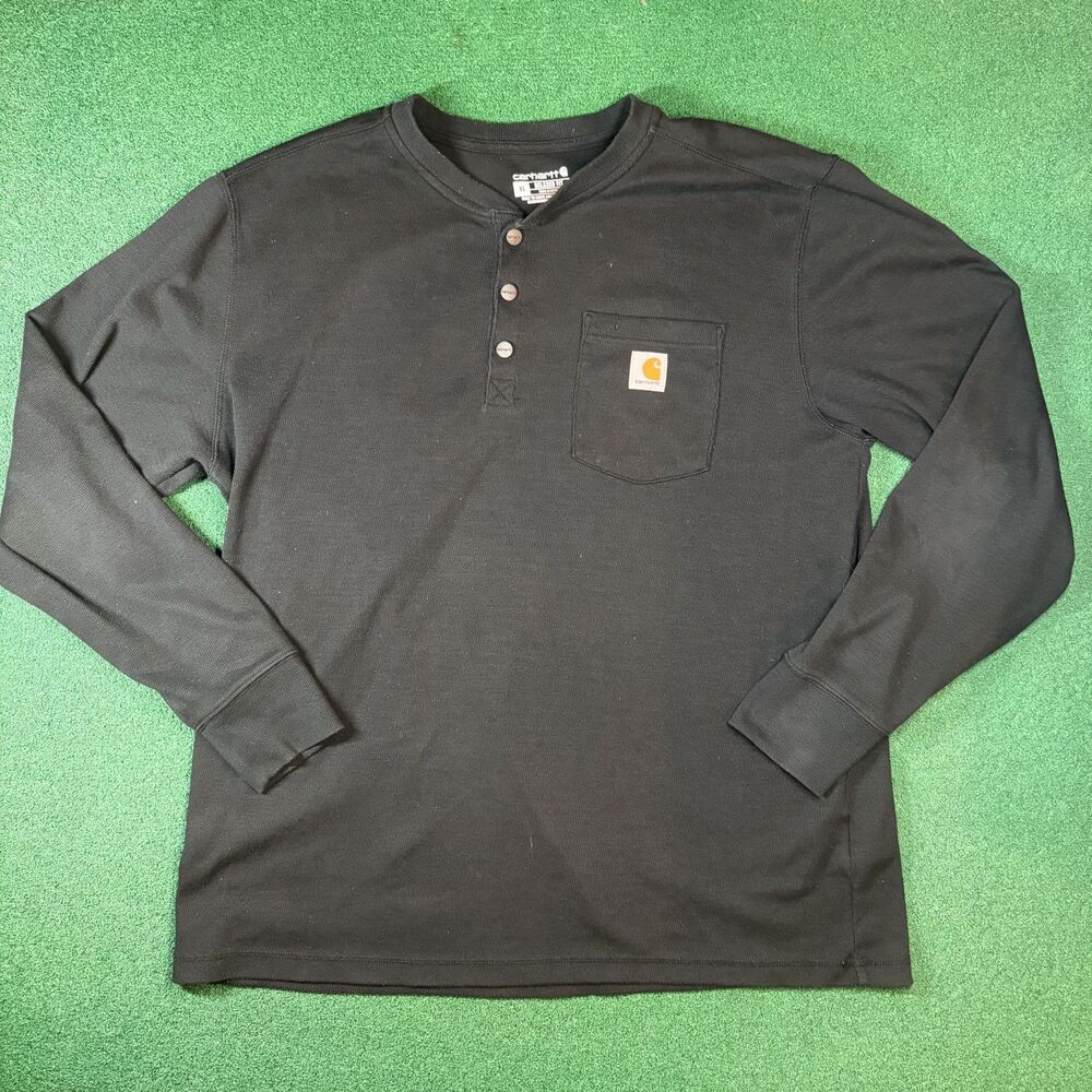 Size XL - Men's Carhartt Relaxed Fit Black Long Sleeve Henley Pocket Shirt 2021